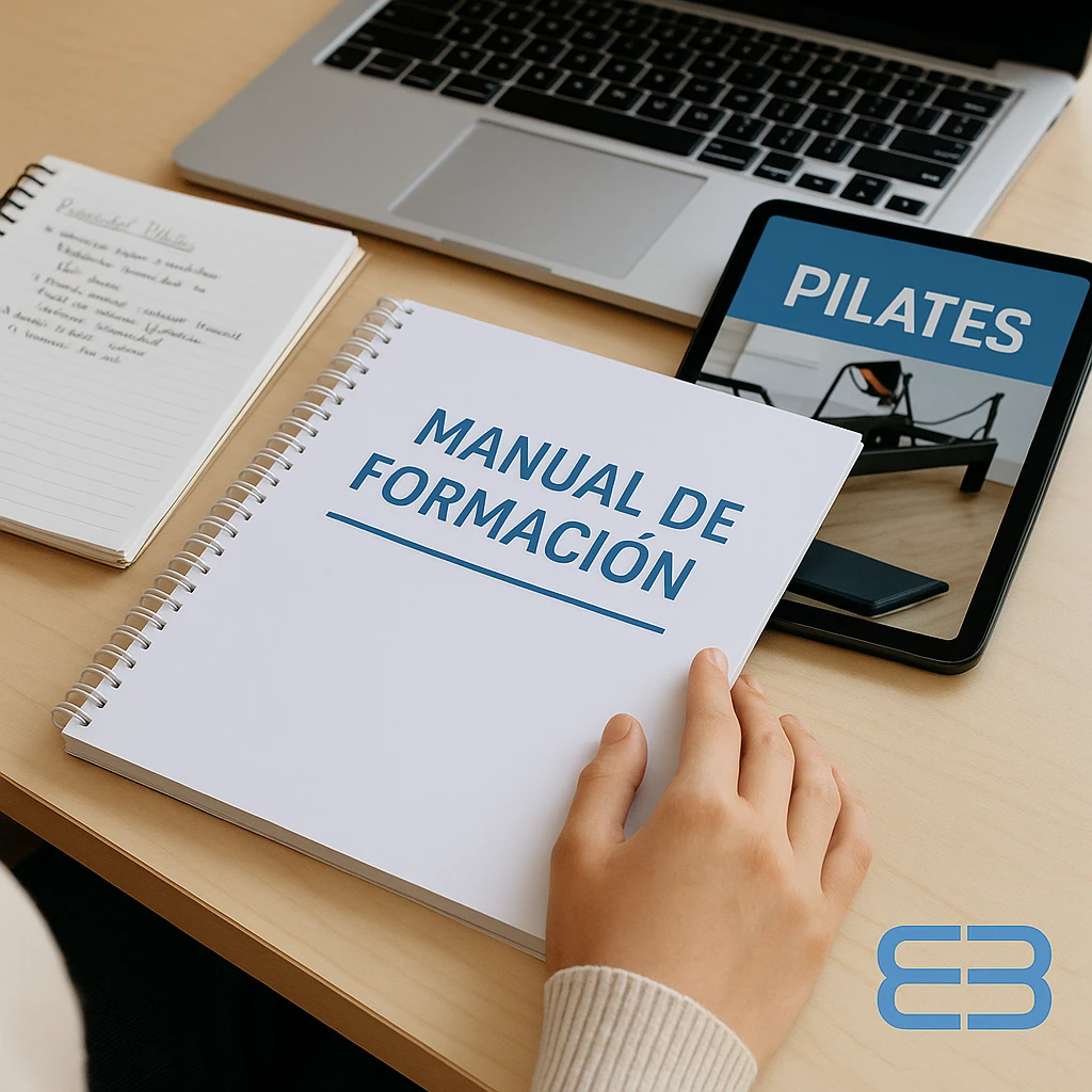 Instructora de Pilates revisando contenidos formativos en un estudio profesional