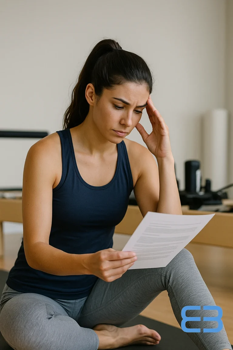 Instructora de Pilates preocupada leyendo un documento oficial sobre el Certificado de Profesionalidad, sentada en una sala de entrenamiento.