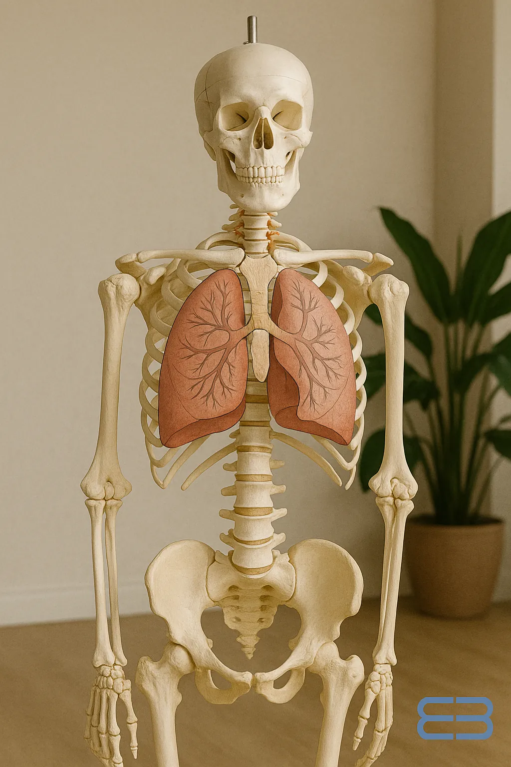 Modelo anatómico con columna, pelvis y pulmones, en ambiente natural y limpio.