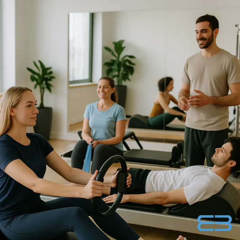 Fotografía realista de una clase de Pilates con reformer, aro y spine corrector, dirigida por un instructor, en un entorno profesional y luminoso.