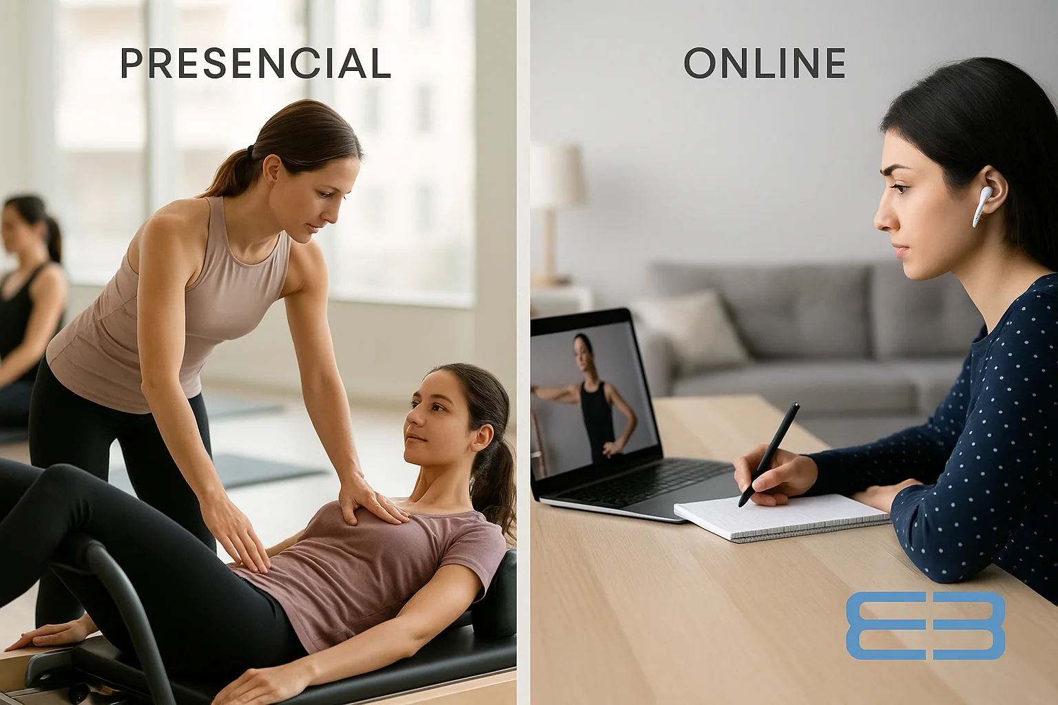 Comparativa visual entre curso presencial y curso online de Pilates: instructora corrige a alumna en sala luminosa vs alumna siguiendo clase online desde casa.