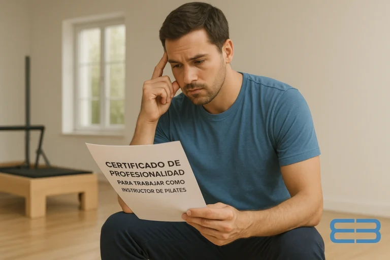 Instructor de Pilates leyendo información sobre el Certificado de Profesionalidad