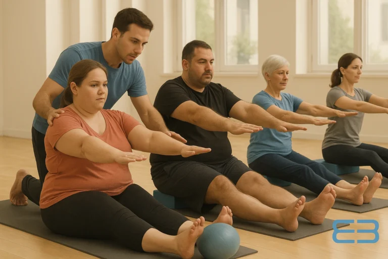 Grupo de alumnos diversos en clase de Pilates con instructor corrigiendo