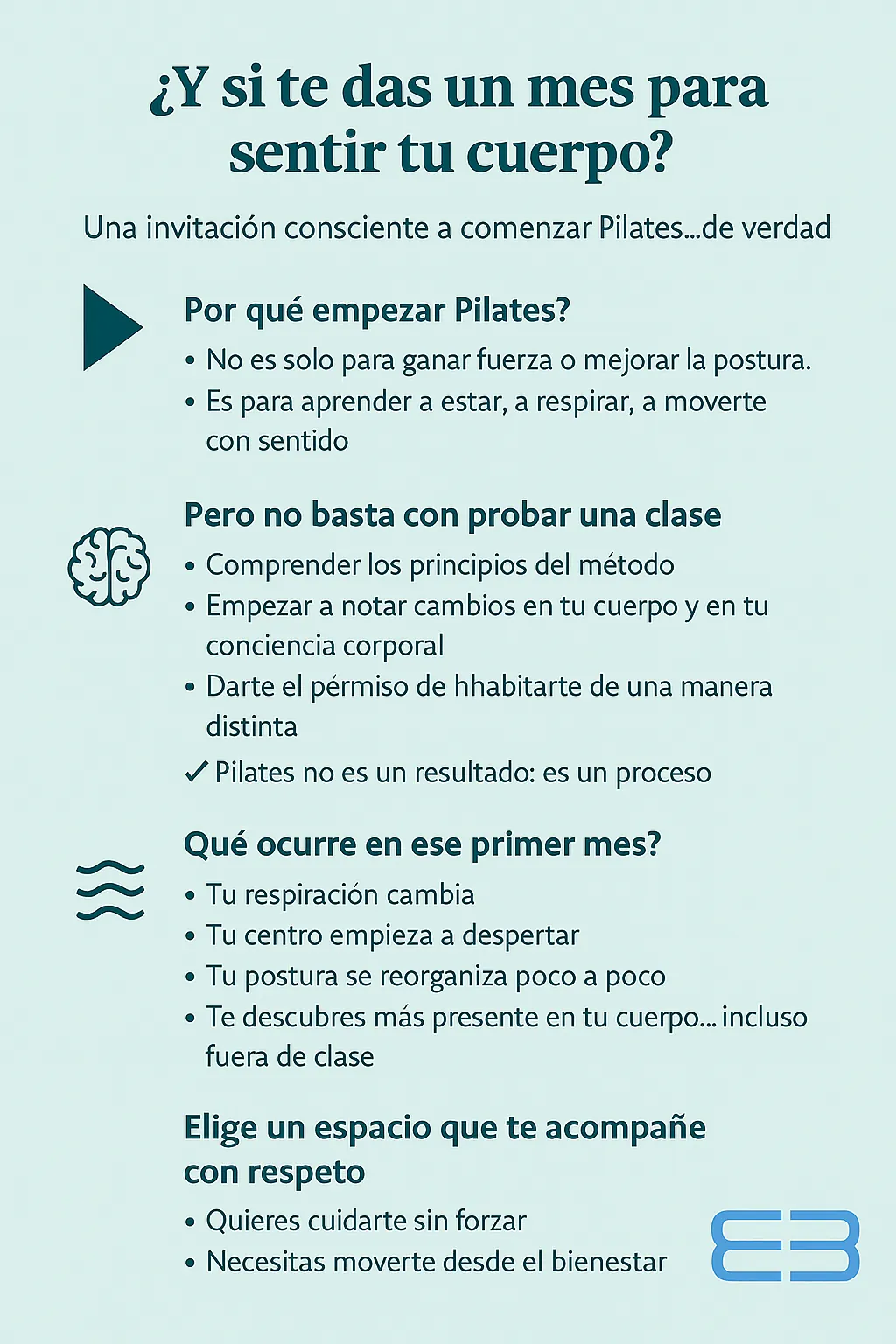 Infografía sobre los beneficios de practicar Pilates durante un mes, con enfoque en respiración, presencia y proceso consciente