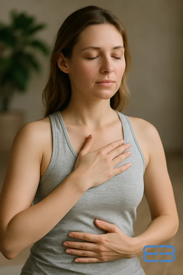 Mujer joven con los ojos cerrados practicando respiración consciente, manos en pecho y abdomen.