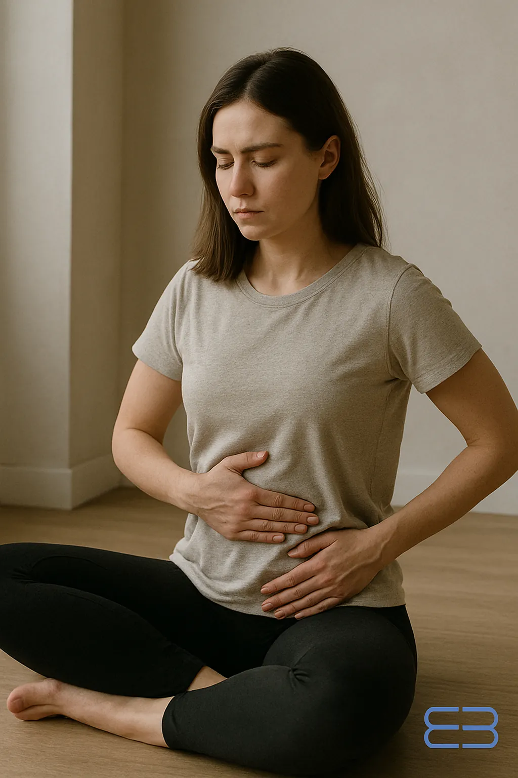 Mujer sentada en el suelo con expresión introspectiva, manos sobre el abdomen y la pelvis.