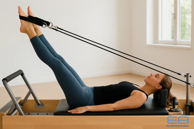 Mujer joven realizando un ejercicio técnico en Reformer Pilates, con postura precisa y entorno profesional.